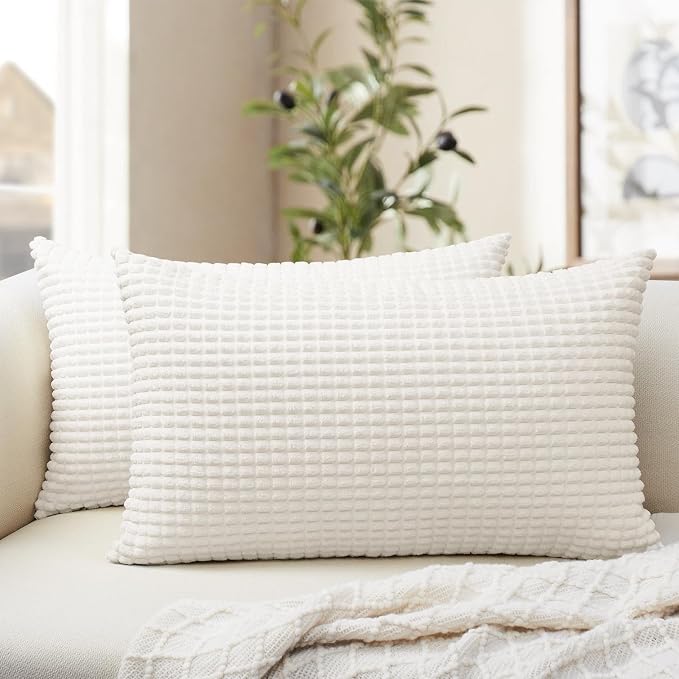 Softalker Corduroy Decorative Throw Pillow Covers 12x20, Set of 2, Cream | Soft Boho Striped Pillow Cases, Couch Fluffy Cushion Covers for Farmhouse Home Decor Bed Living Room