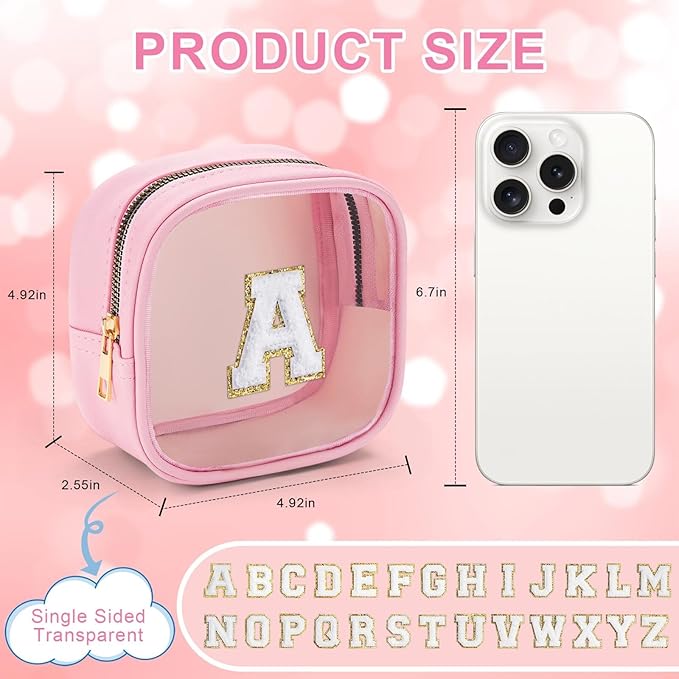 YOOLIFE Mini Initial Makeup Bag | Travel Toiletry Bag | Clear Makeup Bag | Travel Essentials Gifts for Women Teen Girlfriend Teacher Birthday Gifts | Clear Toiletry Bag Small Mini Cosmetic Bag Pink L