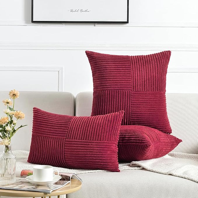 Fancy Homi Burgundy Decorative Throw Pillow Covers 22x22 Inch for Living Room Couch Bed Sofa, Rustic Farmhouse Boho Home Decor, Soft Corss Corduroy Patchwork Accent Cushion Case 55x55 cm