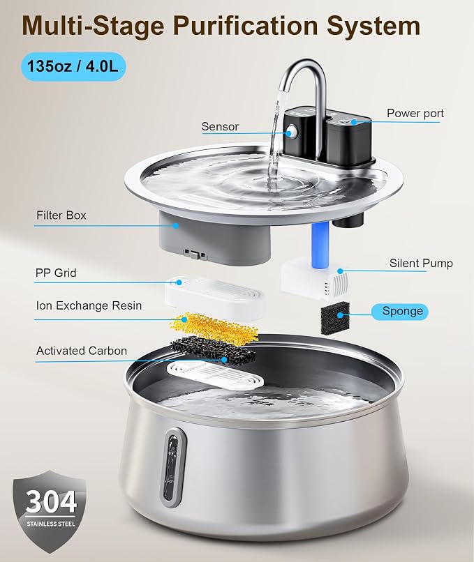CEESC Cordless Cat Water Fountain, Stainless Steel, 4L/135oz for Cats/Dogs | Motion sensor, Long-Lasting 4000mAh, automatic pet water dispenser, 4-stage filtration, ultra-quiet pump, indoor