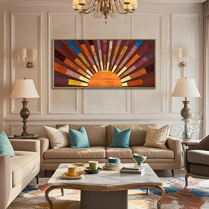IARTTOP Extra Large Wood Sun Framed Wall Art 20x40 Inch Boho Sunrise 3D Geometric Wall Decor Mid century Sunshine Painting for Living room Bedroom Dining room Single