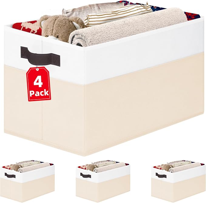 4 Pack Baby Clothes Organizer Bins, Fabric Collapsible Storage Baskets with Handles, Odorless Storage Bins for Toy Clothes Nursery Kids Room Playroom Classroom (14L*10W*9.5H)