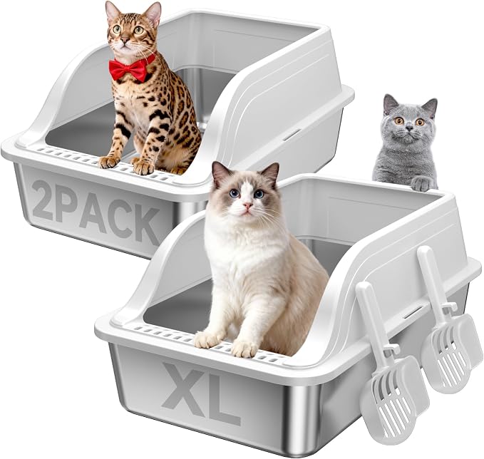 High-Sided Stainless Steel XL Cat Litter Box for Cats | High-sided design prevents urine leakage. Non-stick and easy to clean. Includes scoop (Gray)