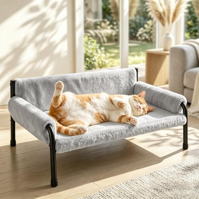Pawaboo Elevated Cat Couch Bed for Indoor Cats, Sturdy Metal Frame Cat Sofa | Cat Bed Furniture with Removable Washable Cover, Reclined Backrest, Fluffy Raised Pet Sofa Kitten Hammock Chair Home, Gray
