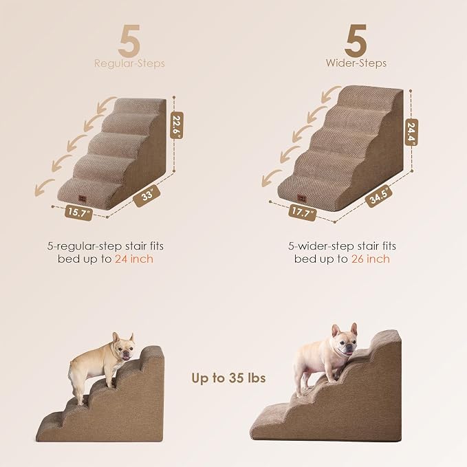 EHEYCIGA Curved Dog Stairs Ramp, 5-Step Extra Wide High Beds, Dog Steps | 33D density of pure foam, for Small Dogs and Cats, Pet Stairs for High Bed Climbing, Non-Slip Balanced Indoor, Camel