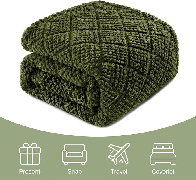 Whale Flotilla Soft Fleece Queen Size Blanket for Bed, Olive | Jacquard Waffle Blankets for Home Decor, Lightweight and Cozy, All Season Suitable, 90x90 Inch