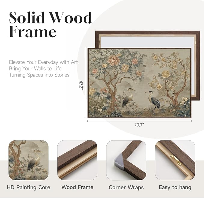 Extra Large Framed Chinoiserie Wall Art for Living Room, Oversized Vintage Floral Neutral Artwork for Walls, Horizontal Asian Flower Canvas Prints Office Dining Room Hallway Wall Decor, 72x48 Inch