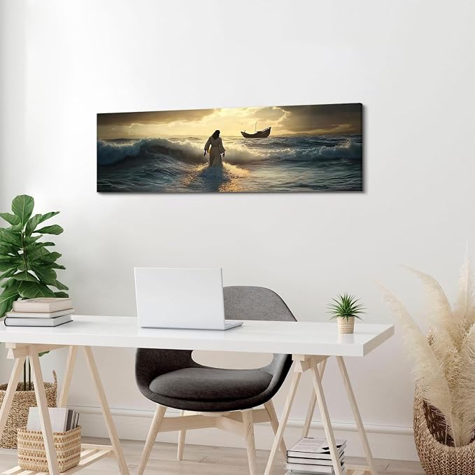 Christian Canvas Wall Art Jesus Walking on Water Wall Decor for Living Room Vintage Christ Picture Bedroom Religion Poster Prints Abstract Sunset Ocean Panoramic Painting Artwork Home Decorations 14x48”