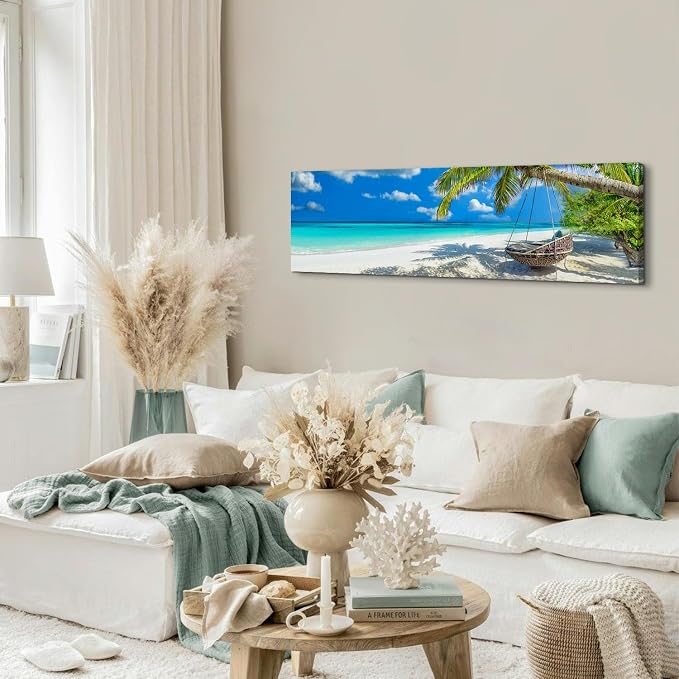 Nature Coastal Scenery Wall Art Tropical Ocean Wall Decor Seascape Coconut Trees on Sands Beach Canvas Picture Photo Nautical Bathroom Painting Blue Sea Coastline Poster Artwork Decorations 14x48”
