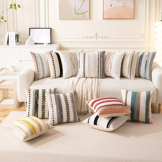 Boho Throw Pillow Covers Decorative Neutral Farmhouse Pillow case | 18x18 Set of 2 Cushion Case Striped Square Pillows Cover Couch Pillow Cases Accent Pillowcase for Sofa Bed,Gray