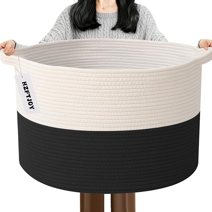 115L Extra Large Blanket Basket,Woven Laundry Basket-White&Black | Collapsible, reinforced handles, nursery storage bin organizes clothes, toys and pillows for living room, bedroom bathroom