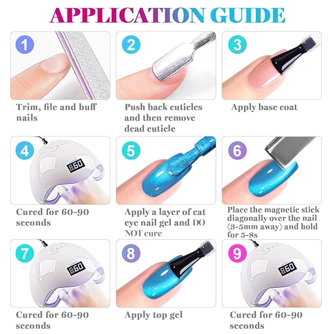 RARJSM Diamond Glitter Cocktail Cat Eye Gel Nail Polish Set 6Pcs Velvet Mint Green Sky Blue Violet Purple Fuchsia Magenta Ruby Red Smoothie Cateye Gelpolish with Magnetic Stick Curing Require