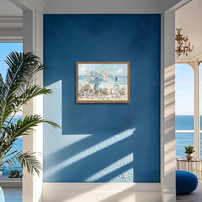 Framed Beach Canvas Wall Art, Blue Coastal Pictures Wall Decor Paintings, Ocean with White Floral Shell Poster Prints, Modern Seascape Artwork Home Decor for Living Room Bathroom 12x16 inch
