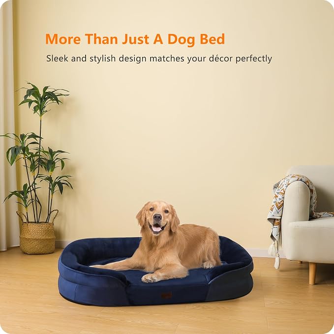 Dwanton Orthopedic Waterproof Large Dog Bed Sofa, Gel Memory Foam, 42" | Egg-Crate Foam Dog Sofa, Washable Pet Bed with Four Sided Bolster Cushion, Removable Cover & Non-Slip Bottom, Navy Blue