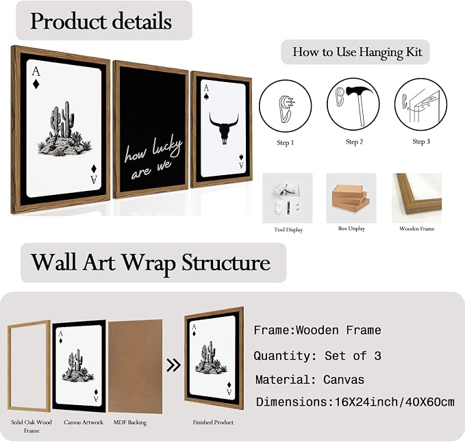 Western Wall Art Set of 3, Southwestern Cowboy Playing Card Wall Decor, Longhorn Bull Skull and How Lucky are We Poster Canvas Painting Prints for Bedroom Living Room 16x24 inch Wood Framed