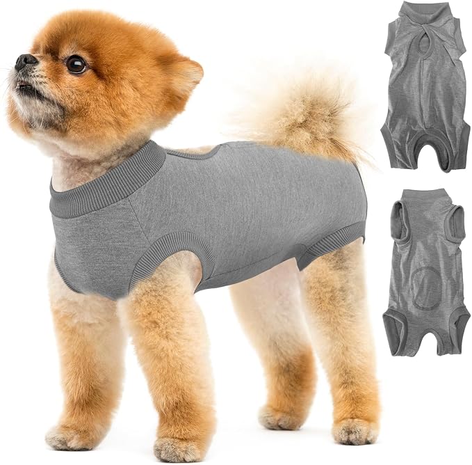 Lukovee Recovery Suit for Dogs, Onesie Spay Neuter Surgery Suit Female Male | Soft Cotton, Easy On Off, Abdominal Wounds Prevent Licking, Prevent Licking Wounds, Cone E-Collar Alternative (Grey, M )