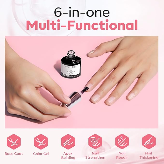 modelones Builder Rubber Base Gel for Nails, Light Milky Baby Pink 6 in One Nude Color Base Coat Strengthen Apex Building Extension Long Last Protect Soak Off Manicure for Fragile Nail Art DIY Home