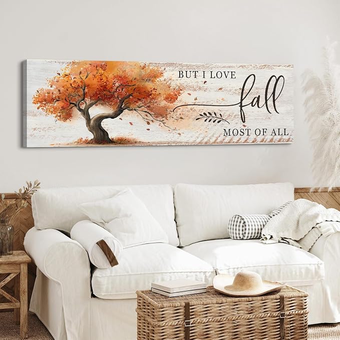 Fall Wall Art Autumn Tree Landscape Wall Decor Vintage Rustic Fall Picture Canvas Prints for Living Room Bedroom But I Love Fall Most of All Signs Poster Painting Holiday Artwork Home Decoration 14x48”