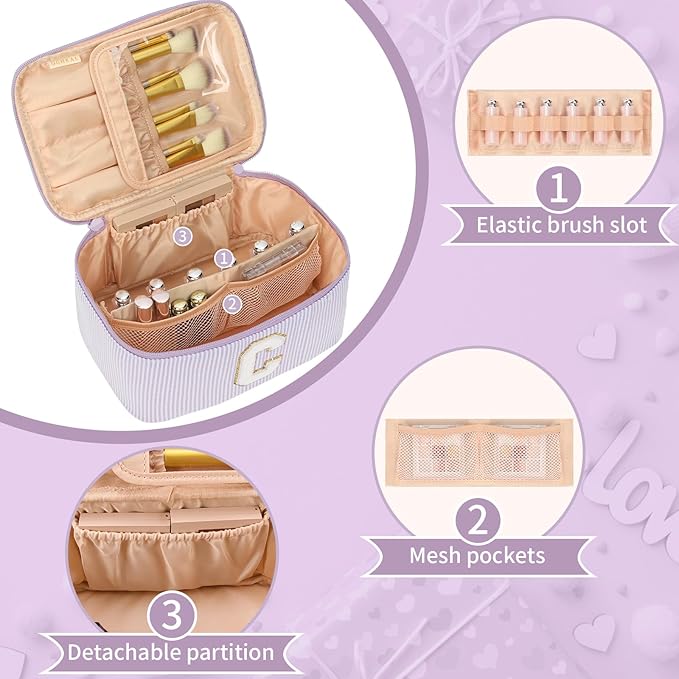 OCHEAL Makeup Bag Valentines Day Gifts for Women, Monogram Cosmetic Bag Purple Travel Makeup Case Beauty Toiletry Bag Organizer Personalized Gifts for Girls Bridesmaid, Sister, Wife, Friends Initial C