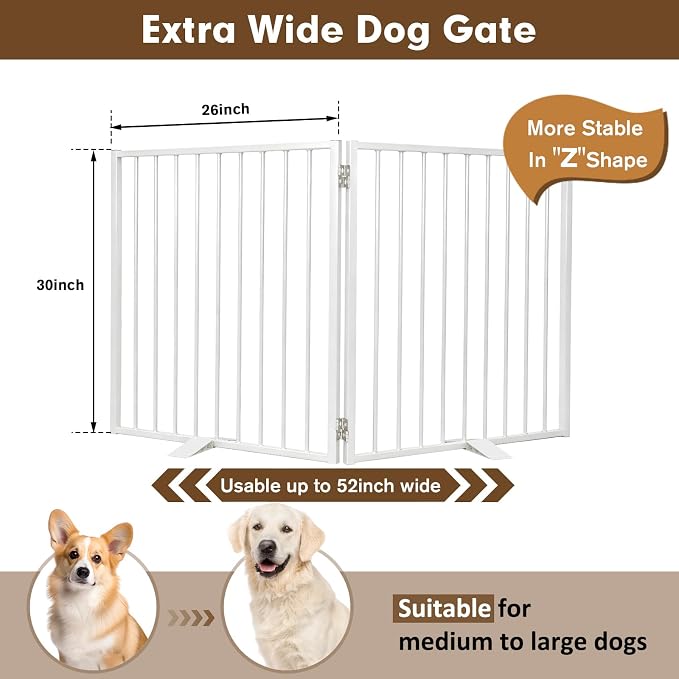 52" Extra Wide Dog Gate Indoor, Heavy Duty Metal Freestanding Dog Gate-Auto Close, Foldable Pet Fence – Anti-Topple Stability Feet for Stairs, Doorways,House,Porch,Deck,Yard(2 Panels,White)