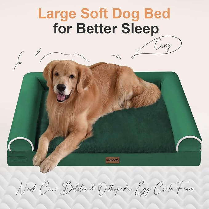 Orthopedic Dog Bed for Jumbo Dogs, 53 x 42 Inch, Emerald | Egg crate foam for joint support, 3-sided bolster pet sofa, waterproof lining, washable cover, and non-skid base