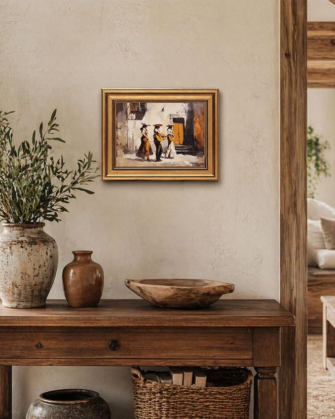 Gold Framed Wall Art, Mexican Mariachi Canvas Prints, Vintage Mexican Street Scene Picture Wall Decor, Rustic Southwestern Artwork for Living Room Bedroom 9x11 inch