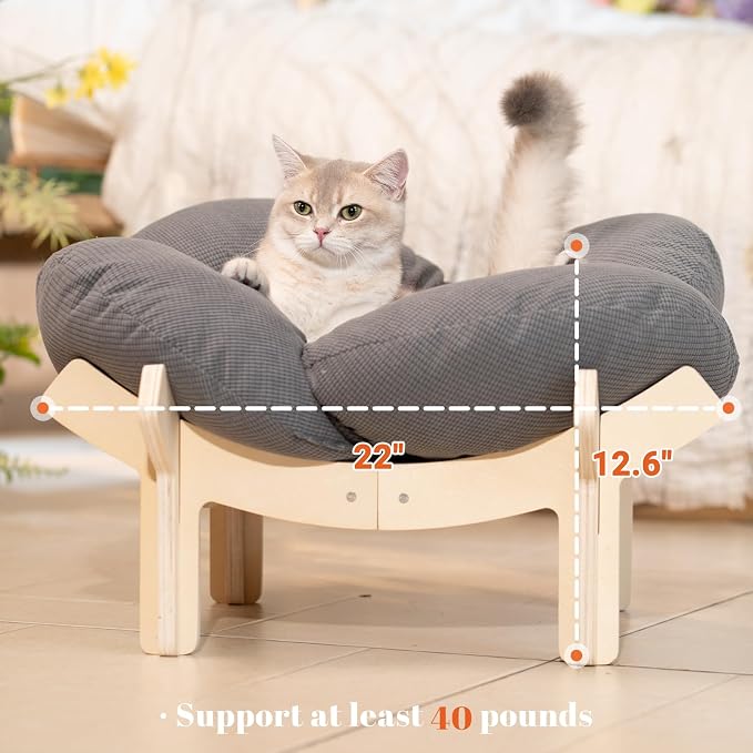 Elevated Cat Bed for Indoor Cats Couch Sofa Flower | Pet Beds with Soft Washable Cushion, Stable Wooden Frame, Raised Cat Hammock & Furniture for Kitty & Puppy All-Season(Gray)