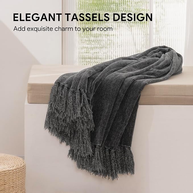 RECYCO Chenille Throw Blanket for Couch, 60" x 80", Dark Gray | Super Soft Knit Throw Blanket with Fringe Tassels, Lightweight Knitted Throw, Cozy, Ideal for Sofa Chair Bed Living Room Gift