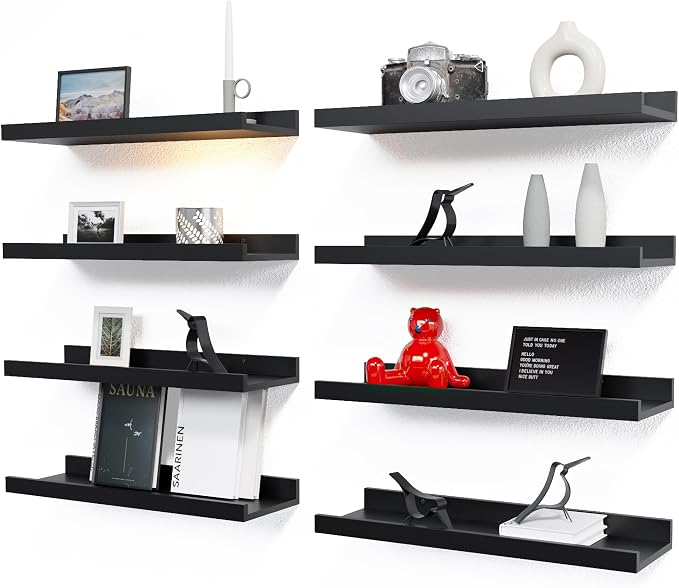 RICHER HOUSE 8-Set Floating Shelves with Lip, Black Wall Mounted Wood Shelf | Display Picture Ledge Shelf, Anti-drop lip Shelf for Room Wall Decor, Bedroom Bathroom Storage Nursery Hanging Book Shelves
