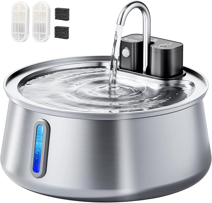 CEESC Cordless Cat Water Fountain, Stainless Steel, 4L/135oz for Cats/Dogs | Motion sensor, Long-Lasting 4000mAh, automatic pet water dispenser, 4-stage filtration, ultra-quiet pump, indoor