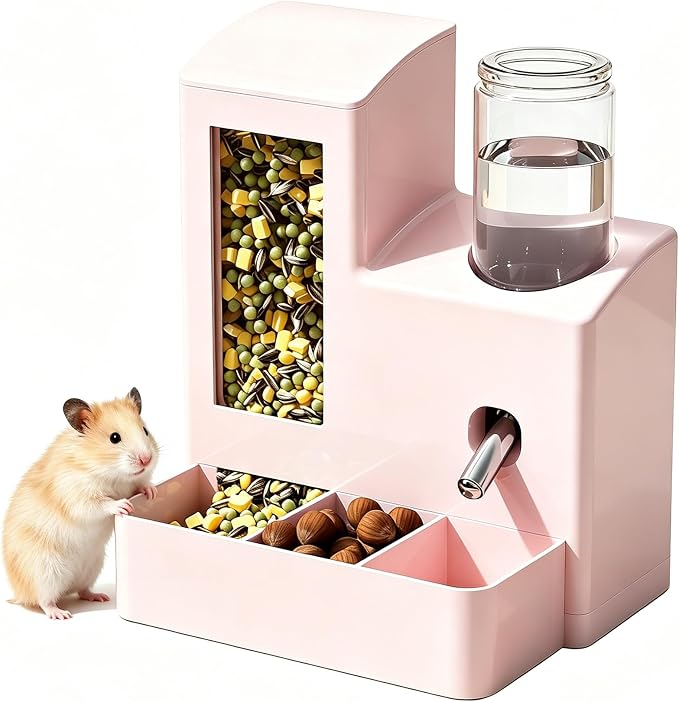 YSHOME&PET 2 in 1 Hamster Water Bottle No Drip Automatic Food Feeder | Small Animal Water Dispenser and Food Bowl with Snack Bowl Cage Accessories for Hamster Gerbils Mouse Hedgehog