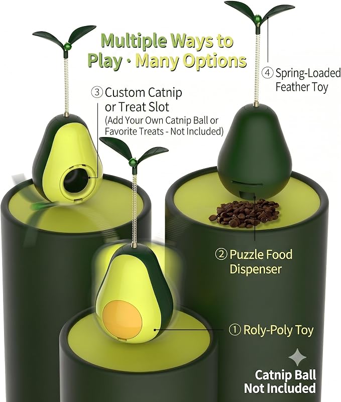 Avocado Multifunctional Cat Toy – 4-in-1 Wobble Toy, Treat Dispenser, Catnip-Ready & Teaser Wand