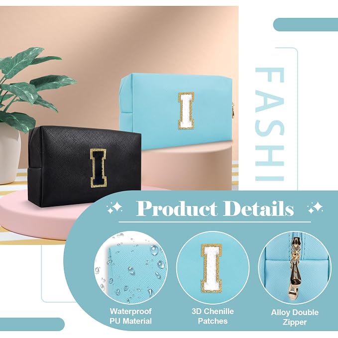 Small Personalized Initial A-Z Preppy Patch Makeup Bag,PU Chenille Letter Travel Cosmetic Pouch with Zipper,Blue Cute Toiletry Bag,Gift Ideal for Teen Girls Women Teacher Bridesmaid,Letter I