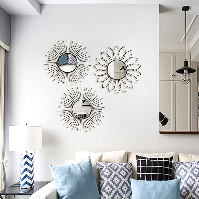 3 Pack Metal Mirrors for Wall Sunburst Wall Mirrors Home Décor Decorative Hanging Wall Art for Living Room Bedroom Entryway (Black2, Flower+Sunburst)