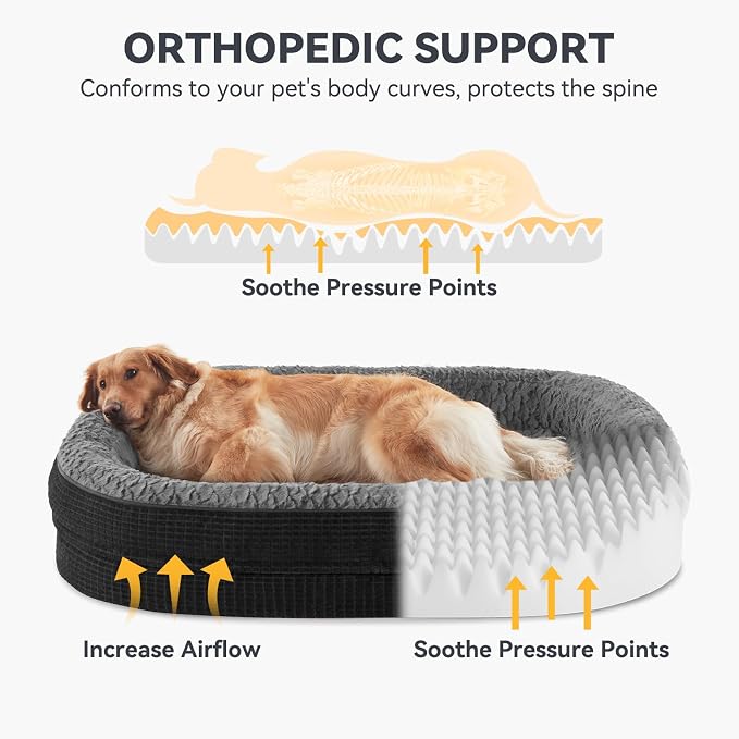 JOEJOY Orthopedic Dog Bed for Large Dogs, Egg-Crate Memory Foam Pet Bed with Bolster Sides, Waterproof Lining, Removable Washable Cover & Non-Slip Bottom, Black