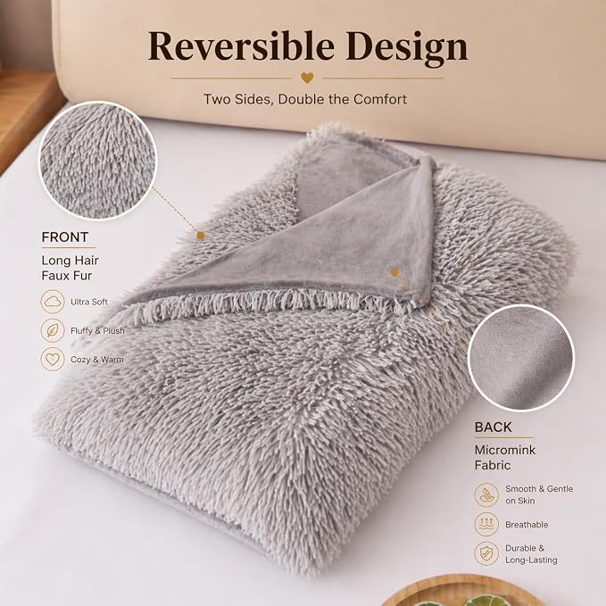 REAFORT Long Hair Faux Fur Body Pillow Cover 21"x54", Hidden Zipper (Gray) | Ultra-soft long hair faux fur with a hidden zipper offers luxurious comfort and is machine washable for easy care.