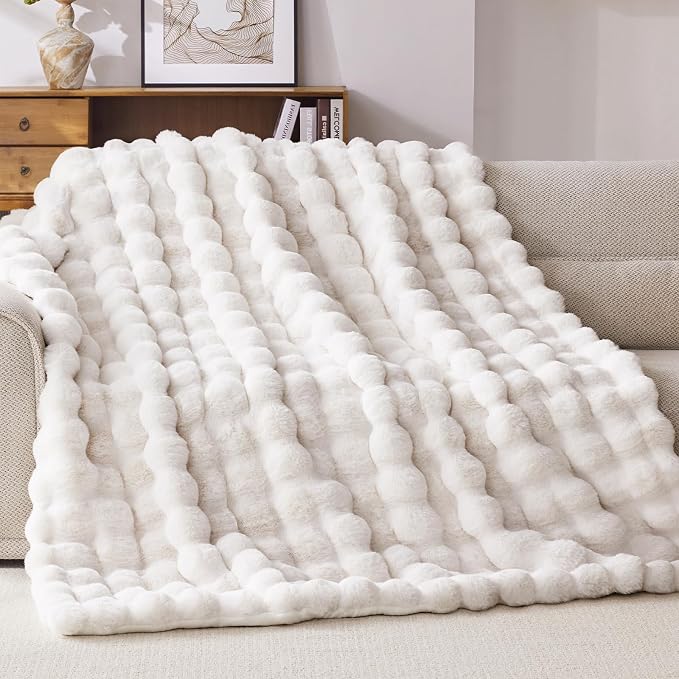 Anysay Faux Fur Throw Blanket,1000GSM Fluffy Soft Bubble Blanket 90''*104'' | Cozy Plush Warm and Thick Blanket for Couch Bed, Fuzzy Rabbit Throw for Living Room Bedroom White