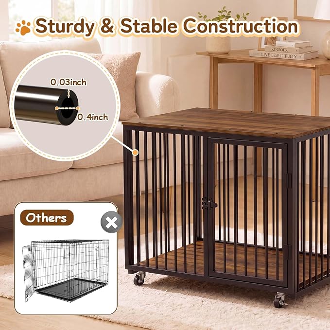 37" Dog Crate Furniture, Wooden Dog Kennel Indoor with Storage (Walnut) | Heavy Duty Pet Cage Indoor for Small & Medium Dogs, Dog Kennel with Storage Shelf, 4 Lockable Wheels and Stairs, Loft-Style