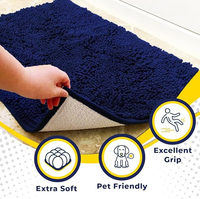Muddy Mat® | Super Water Absorbent Door Mat Indoor, Microfiber Quick Dry Chenille Entryway Rug, Slip Resistant Front Door Mat, Indoor Mats for Entryway, Machine Washable Pet Rug, Navy Blue 36" x 46"