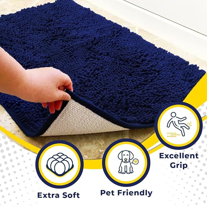 Muddy Mat® | Super Water Absorbent Door Mat Indoor, Microfiber Quick Dry Chenille Entryway Rug, Slip Resistant Front Door Mat, Indoor Mats for Entryway, Machine Washable Pet Rug, Navy Blue 24" x 44"