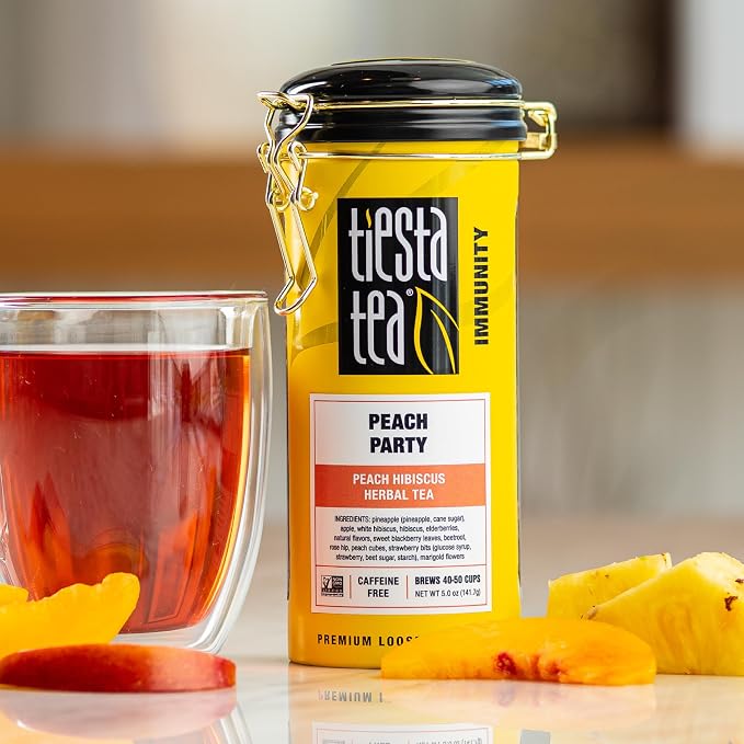 Tiesta Tea - Peach Party, Loose Leaf, Peach Hibiscus Herbal Infusion, Premium Blend, Non-Caffeinated Fruit Tea, Makes Hot or Iced & Up to 50 Cups, 4.5oz Refillable Tin