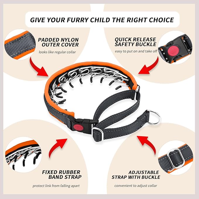 Martingale No Pull Dog Collar for Large Medium Small Dogs, Heavy Duty Nylon Reflective Adjustable Anti Pull Slip Collar with Buckle for Training Walking M Black Orange