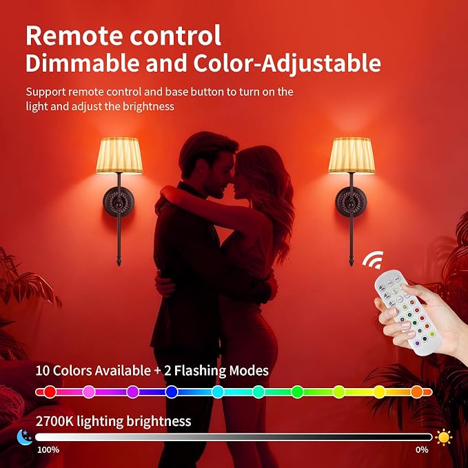 Cordless Wall Sconces Set of 2,10000mAh Small Wireless Battery Operated Wall Sconces Set of Two with RGB LED, Remote, Timer & Dimmable Fabric Gold Wall Lamps for Bedroom, Living Room, Hallway (Black)