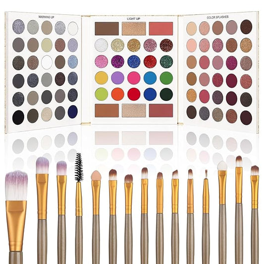 UCANBE Eyeshadow Palette with 15 Brushes Makeup Sets, Pigmented Eye Makeup Pallet Holiday Gift Set, Matte Smokey Rosy Neutral Glitter Eye Shadow Powder & Contour Highlight Blush All-in-One Make Up Kit