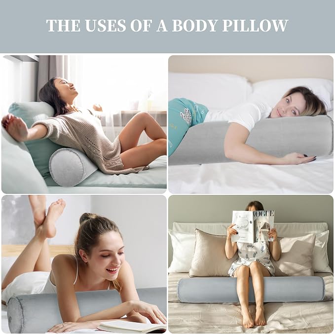 ONTYZZ Inflatable Long Body Pillow, Long Pillow for Bed, Oval Bolster Pillow for Good Sleeping and Back/Neck Support, 2pcs Grey