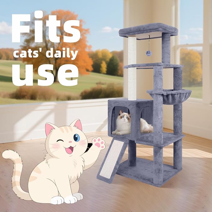 TWDEPART 55" All-in-One Cat Tree Tower with Scratching Board & Posts Cozy Sleeping Perch Hammock and Toy Balls,Grey