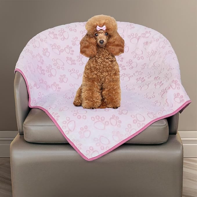 Stuffed Premium Soft Dog Blanket, with Flannel Pink Cute Paw Print, Cat Blanket Puppy Supplies Dog Products Stuff Essentials(Pink 32x40 inches)
