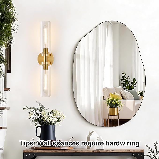 Indoi Brushed Gold Wall Sconces, Hardwired Bathroom Sconces Wall Lighting with Clear Glass, Modern Sconces Wall Light fixtures for Bathroom Mirror Living Room Hallway Bedroom