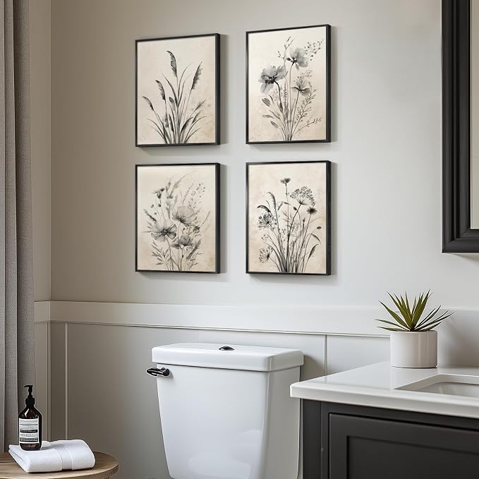 Framed Vintage Floral Botanical Wall Art for Bathroom, 4 Piece 8x10 In | Rustic modern farmhouse wall decor, Waterproof canvas prints, Neutral flower pictures, Kitchen bedroom hallway home decor