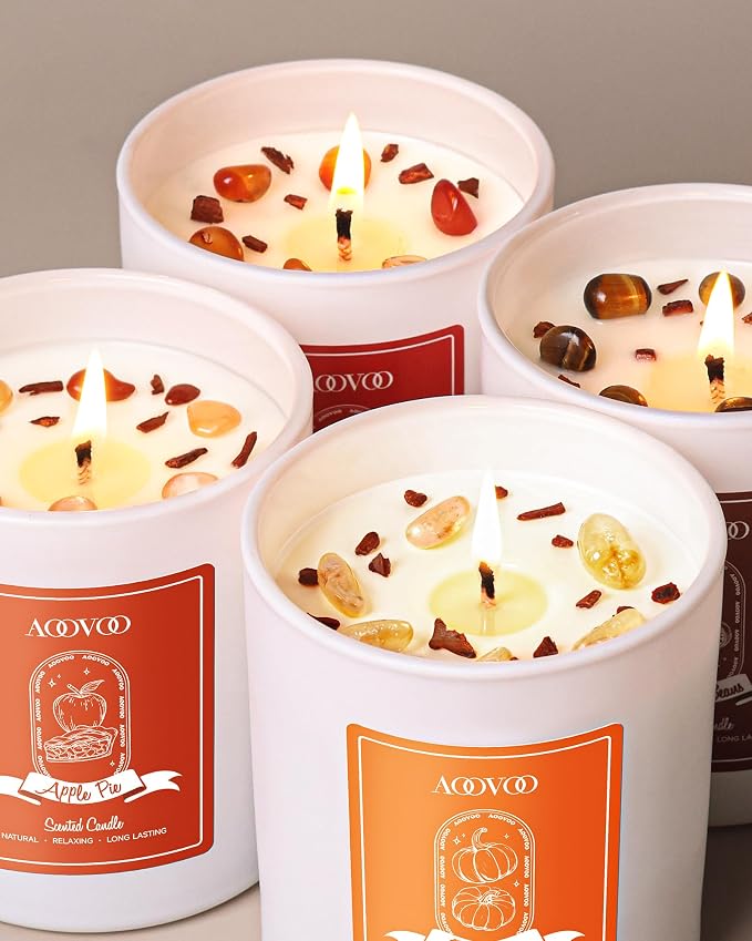 AOOVOO Fall Candles Set for Women - Aromatherapy Candle with Crystals Inside, 28 oz 200 Hour Long Lasting, 4 Pack Candles for Home Scented, Autumn Fragrance of Apple Pie/Cinnamon/Pumpkin/Nutmeg Beans
